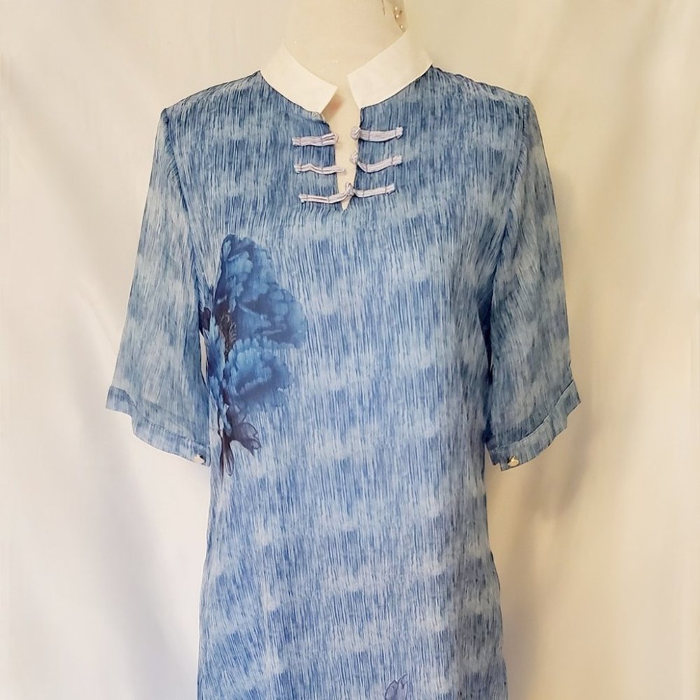 Blue Sheer Floral Dress High Neck